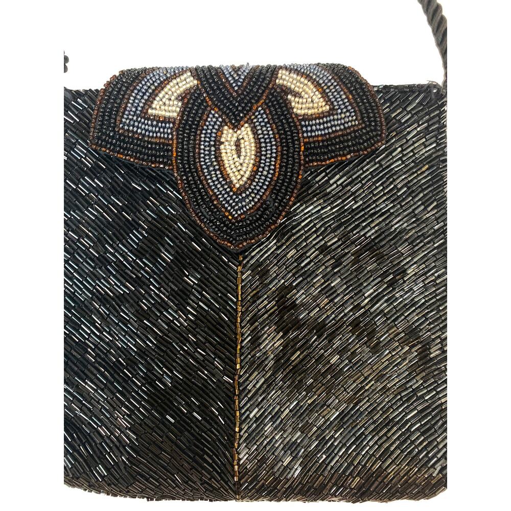 80s Art Deco Style Micheline Burke Black & Copper Beaded Shoulder Bag - Picture 8 of 11